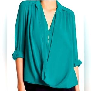 Alice + Olivia Silk Front Draped Blouse Small Women Teal Blue Work Career Flowy